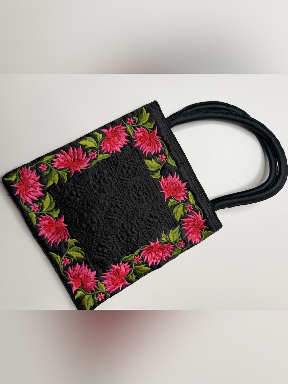 Debenhams Black Satin Evening Bag with Pink Flower Embroidered Decoration